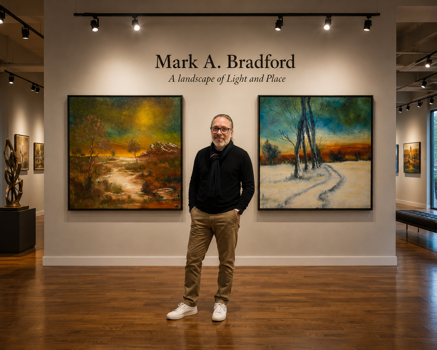 Mark A. Bradford in a gallery setting with his paintings